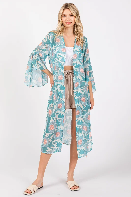 New Design Teal Floral Bell Sleeve Cover-Up