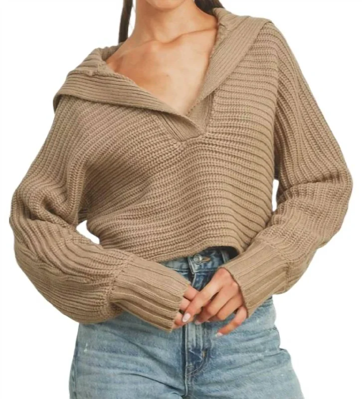 Fresh And Elegant Drama Collar V Neck Sweater In Taupe