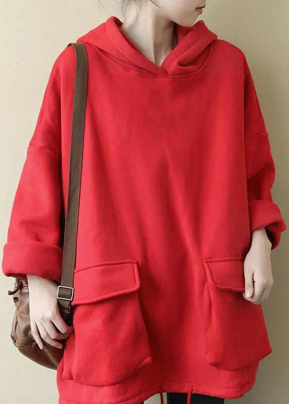 Casual Choice Simple Red Hooded Pockets Warm Fleece Sweatshirts Top Spring