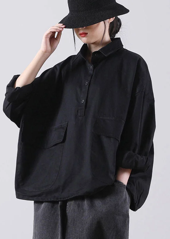 Personal Design Style Black PeterPan Collar Pockets Button Fall Shirts Long sleeve