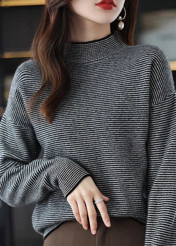 Comfortable Mind Casual Black Turtleneck Striped Patchwork Woolen Knit Top Long Sleeve