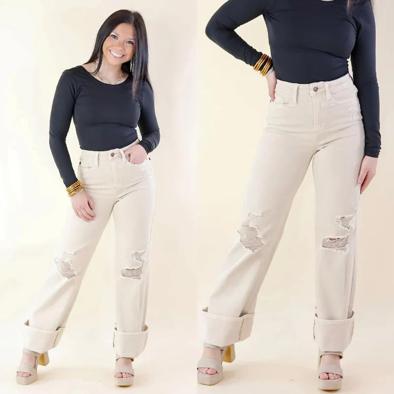 Goddess Style Judy Blue | Retro Rebel Garment Dyed 90's Destroy Knee Straight Leg Jeans in Bone Cream