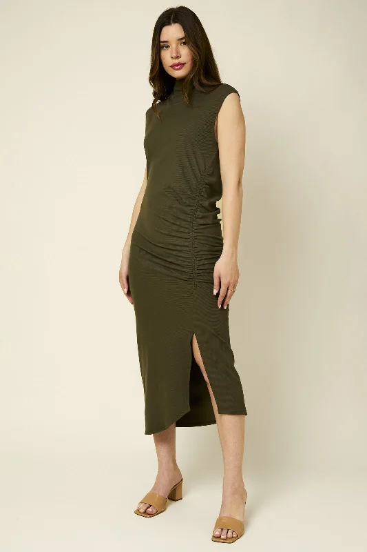 Fashion Wear Olive Mock Neck Side Ruched Side Slit Dress