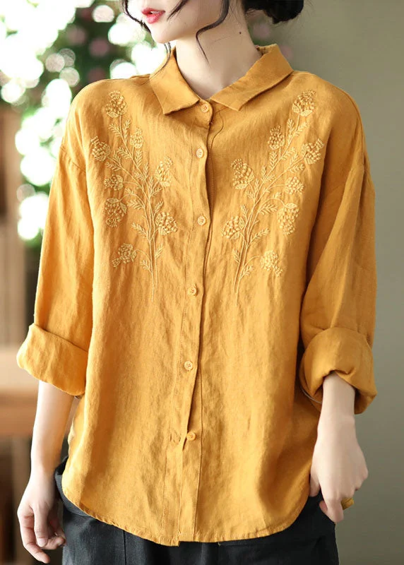 Free Design Simple Yellow button Peter Pan Collar Embroideried Linen Blouse Top Long Sleeve