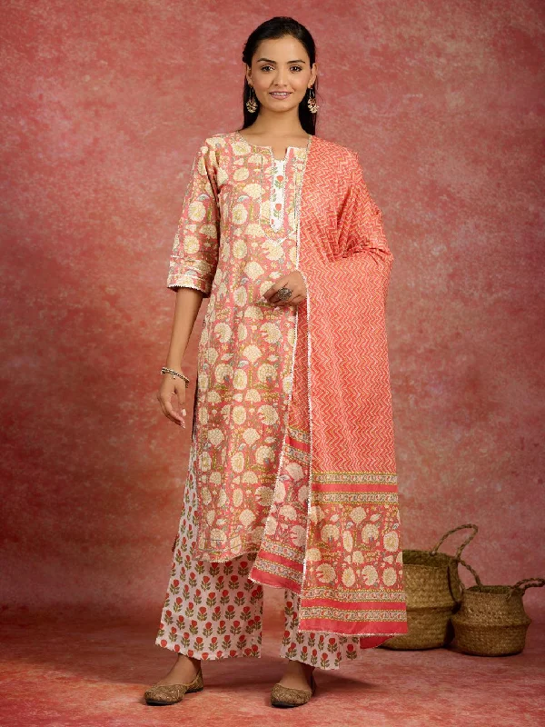 Advanced Design Peach Printed Cotton Straight Suit With Dupatta