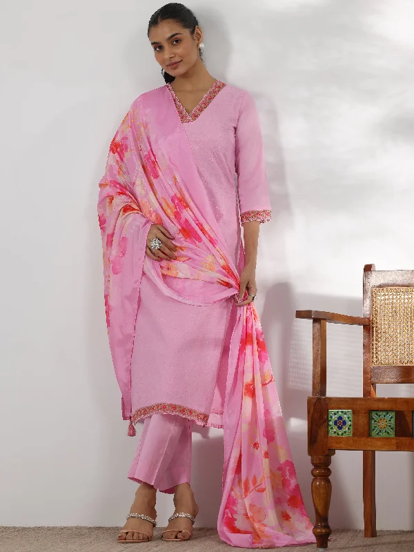 Simple Design Pink Embroidered Cotton Straight Suit With Dupatta