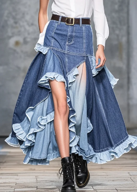 High Street Series Plus Size Blue Ruffled Patchwork Low High Design Denim Skirts Spring