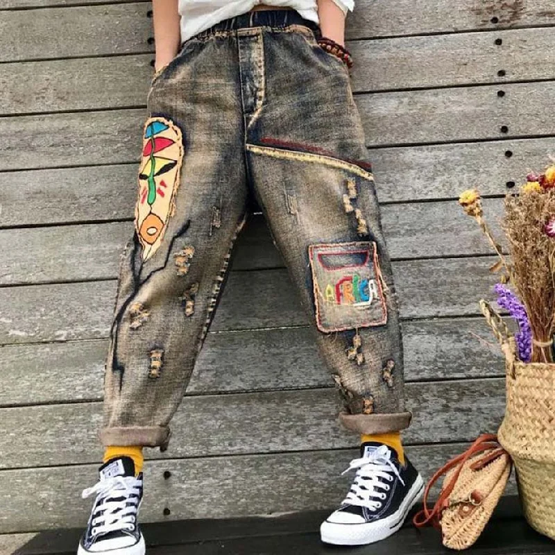 New Design Jeans Denim Pants Trousers Loose for Women Embroidery Faces Big Size Oversized Retro Vintage Fashion Casual American 180018