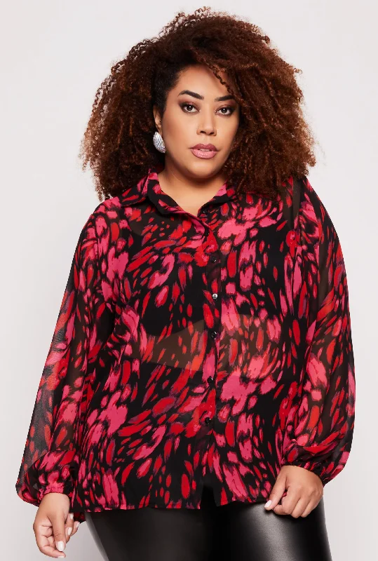 Elegant Outline Plus Size Chiffon Printed Pattern Shirt