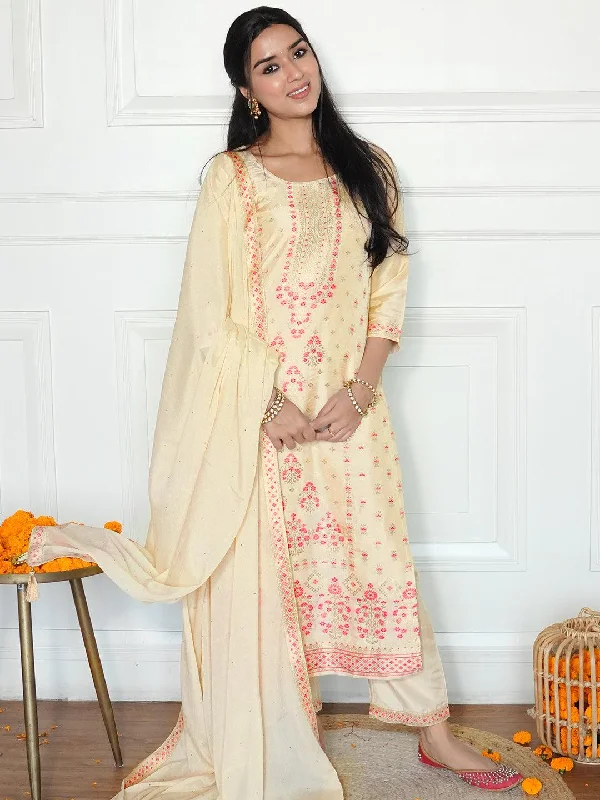 Summer Selection Ivory Woven Design Silk Blend Straight Suit With Dupatta