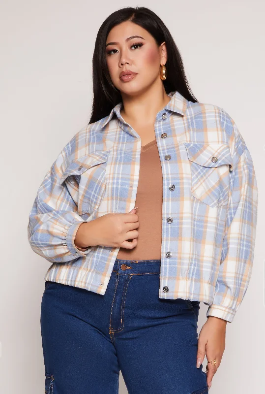 Sports And Leisure Plus Size Plaid Brushed Knit Flannel Shirt