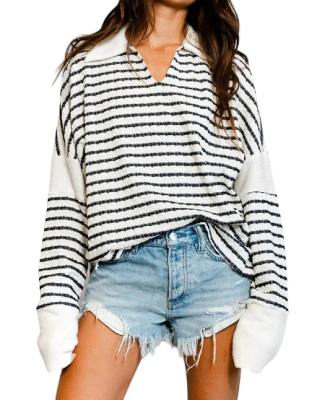 Daily Comfort Striped Collared Pullover Sweater In Ivory/black