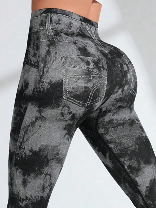 High Street Fashion ZASUWA Female Hot Tie-dye Denim Pocket Scrunch Bum Leggings