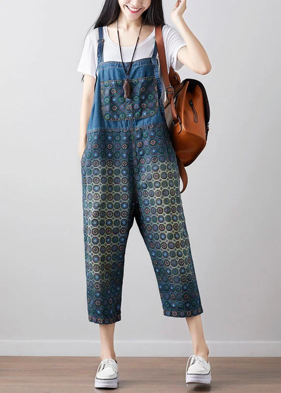 Fashionable Items Loose dark Blue Print denim Jumpsuit Spring