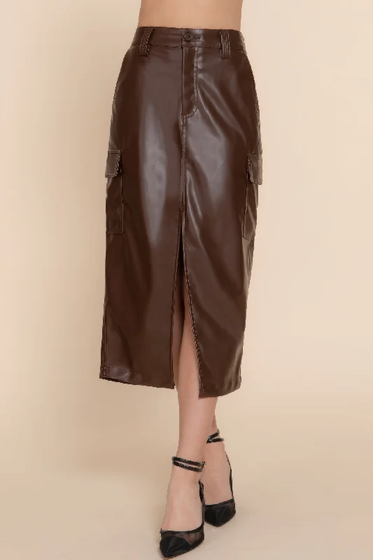 Fresh And Elegant Faux Leather Midi Cargo Skirt