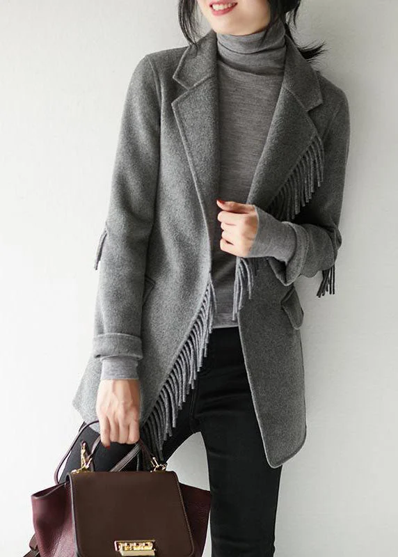 Retro Design French Grey Notched Tassel Solid Woolen Blend Coat Fall