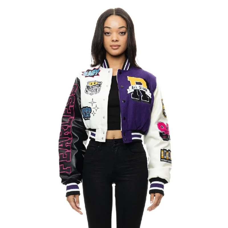 Exquisite Details Cropped All Star Varsity Jacket - Purple