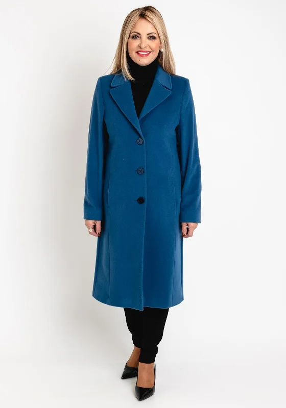 British Style Christina Felix Classic Tailored Wool Cashmere Blend Long Coat, Blueberry