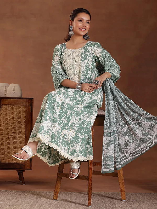 Personalized Wear Green Printed Cotton Anarkali Suit With Dupatta