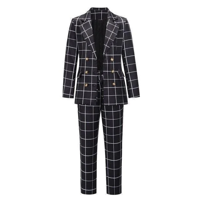 Minimal Style Formal Plaid Women Pantsuit