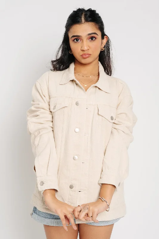 Sports Style Beige Flag Denim Jacket