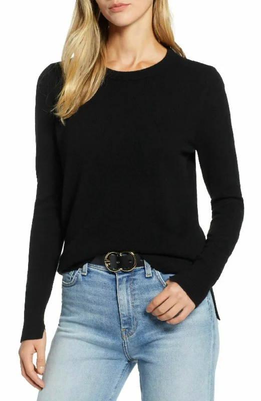 Summer Selection Crewneck Cashmere Petite Lightweight Side Slits Sweater In Black