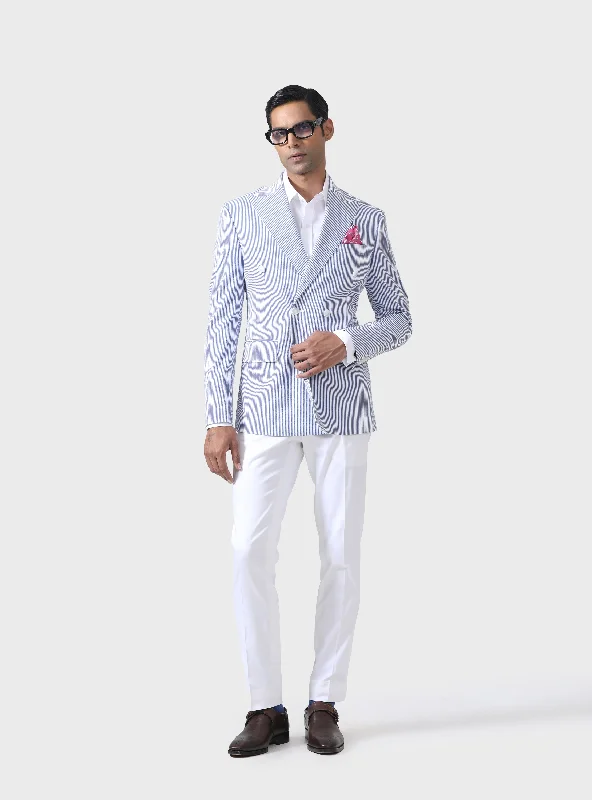 High-quality Design REGAL STRIPES BESPOKE WHITE AND BLUE DOUBLE BREASTED TUXEDO JACKET