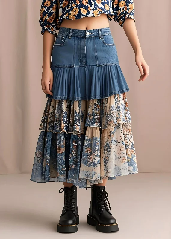 High Street Fashion Silm Fit Navy Layered Ruffled Patchwork Print Denim Skirts Spring