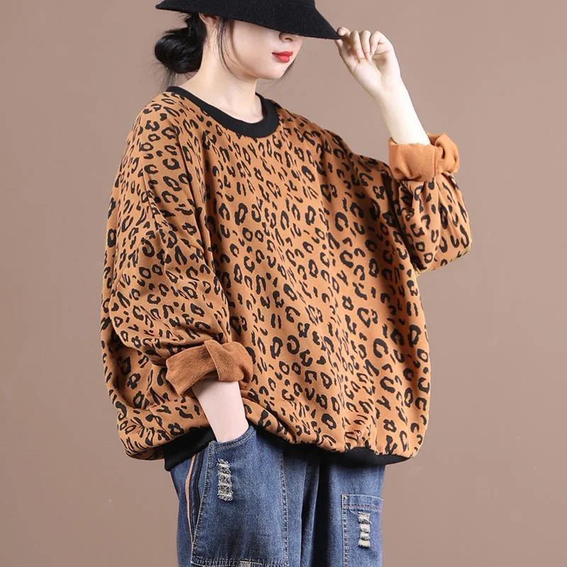 Elegant Outline Women o neck tunic top Wardrobes yellow Leopard shirts