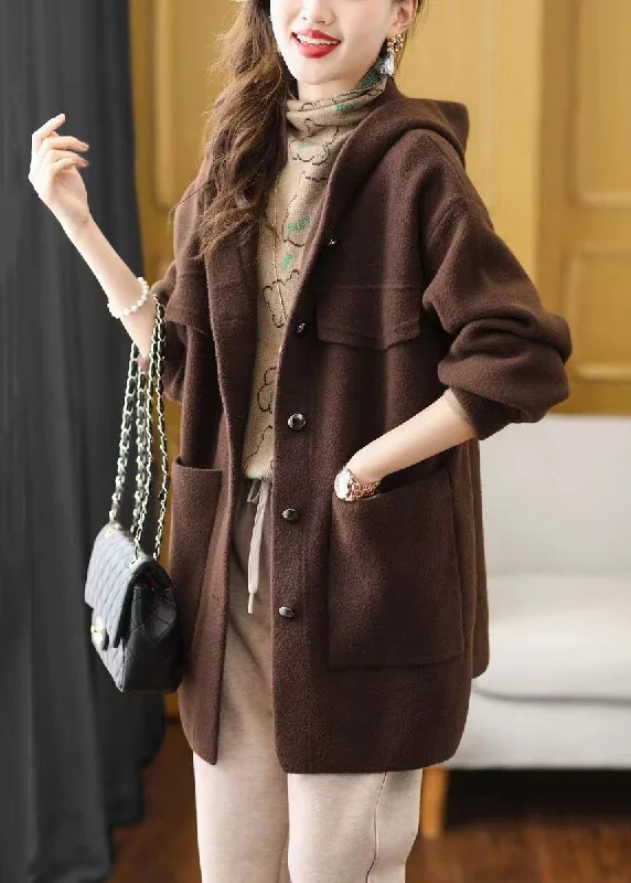 High Street Fashion Black Button Patchwork Woolen Coat Hooded Long Sleeve