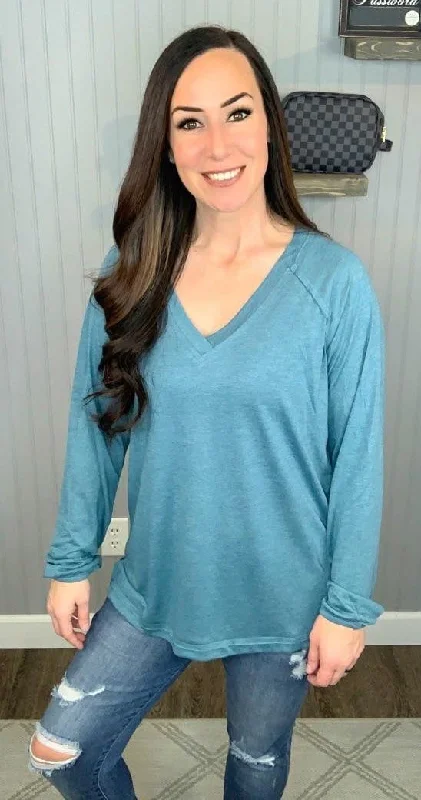 Comfortable Mind Solid V-Neck Top, Teal