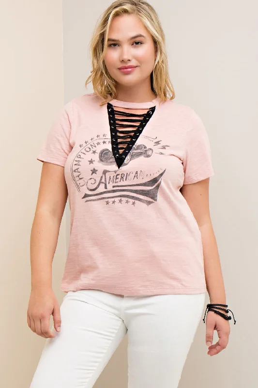 Artistic Temperament Lace Up Graphic Tee, Blush