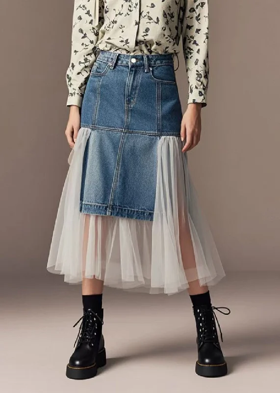 Minimal Style Silm Fit Denim Blue Patchwork Tulle Wraped Skirts Spring