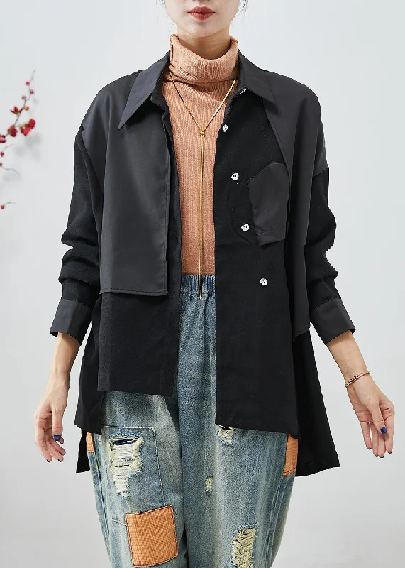 Effortless Style Bohemian Black Asymmetrical Patchwork Back Open Cotton Jackets Fall