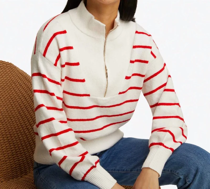 Celebrity Style Striped Zip Up Sweater In Red And White Stripe