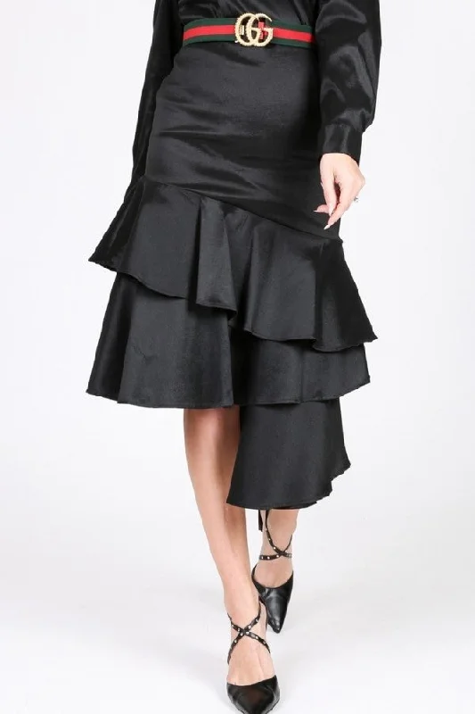 Body Design Asymmetrical Ruffle Bottom Satin Skirt