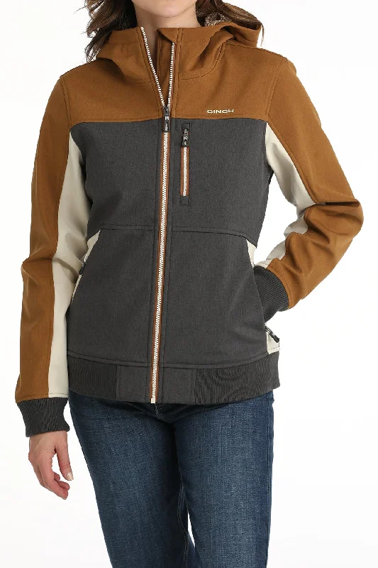 Exquisite Tailoring CINCH LADIES BROWN/GREY/CREAM COLOR BLOCK BONDED HOODED JACKET