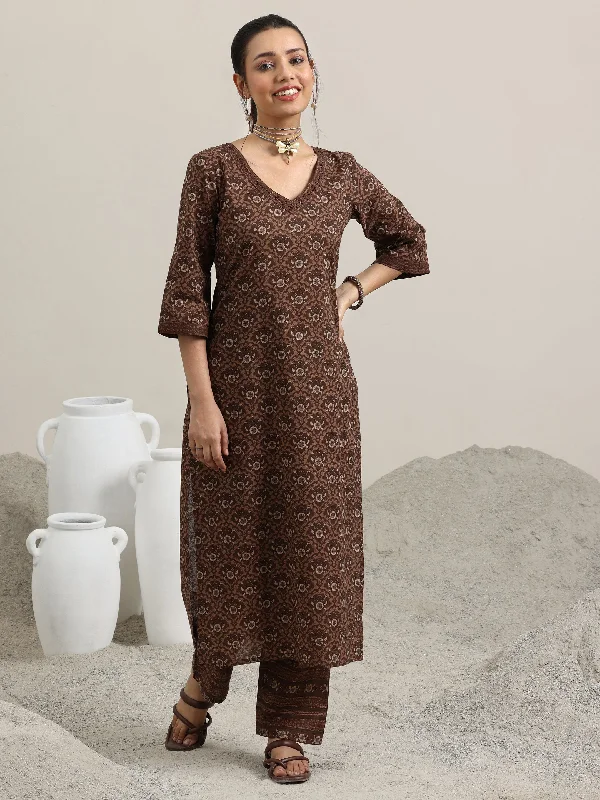 Fashionable Items Brown Printed Cotton Straight Kurta With Trousers