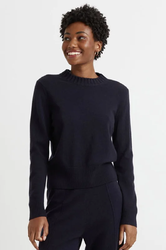 High-end Fashion Navy Wool-Cashmere Cropped Sweater