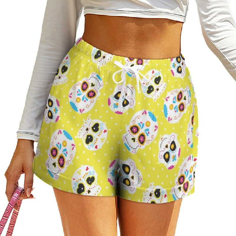 Personal Design Yellow Mexican Skulls High Waist Loose Shorts