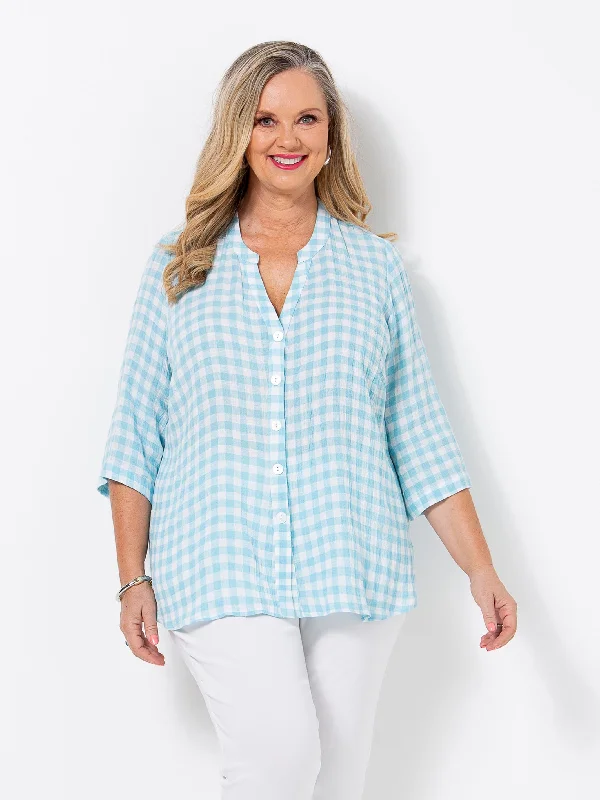 End Of The Year Aqua Gingham Crinkle Linen Shirt