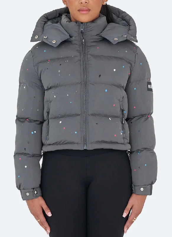 Simple Design Paint Puffer Jacket - Charcoal Grey