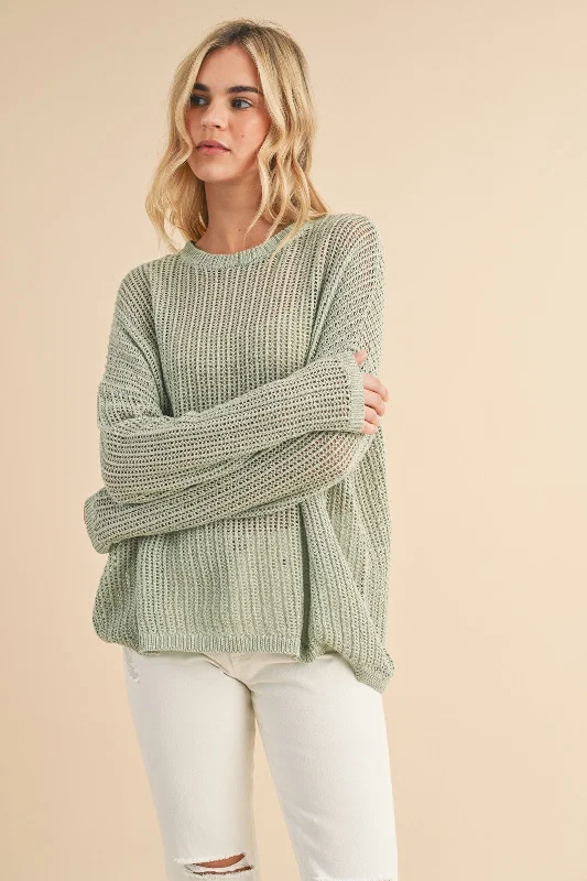 Floral Prints Light Olive Open-Knit Sweater