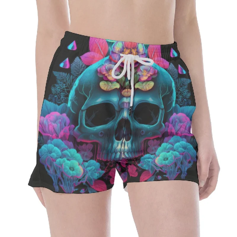 Fashionable In The Times Women's Blue Skull Foral Wide Waistband Sport Shorts