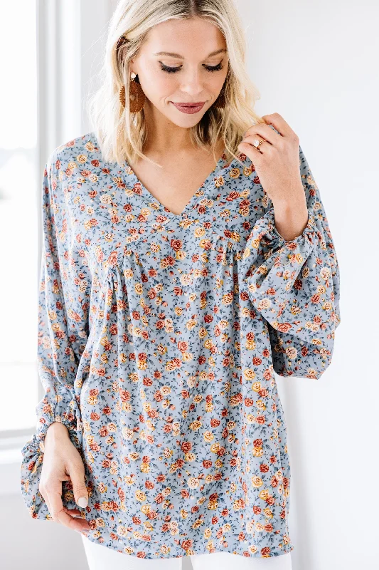 Sports Series Keep You In My Heart Dusty Blue Ditsy Floral Top