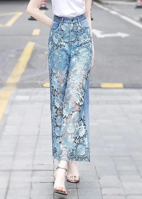 Fashion Concept Chic Blue Lace Hollow Out Pockets Denim Crop Pants Summer