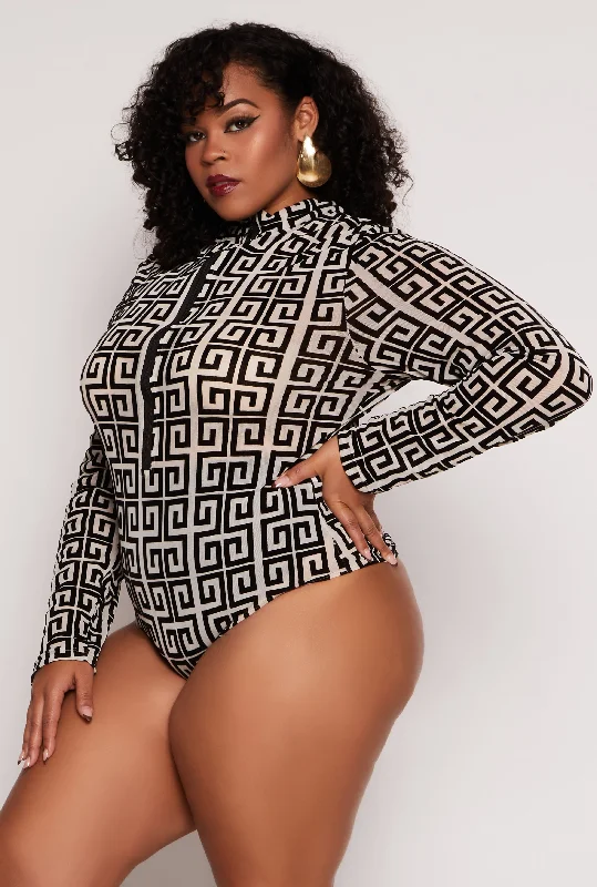 Must-have For Fashion Plus Size Geometric Print Half Zip Bodysuit