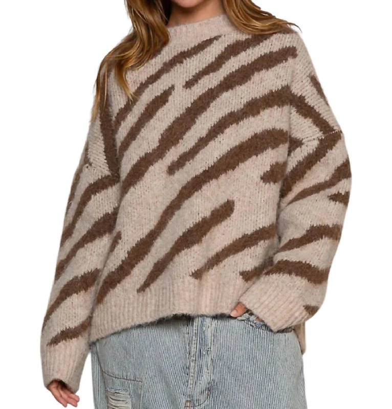 Fashion Wear Faux Mohair Zebra Pattern Sweater In Beige