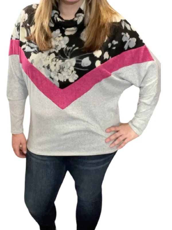 Free And Comfortable Floral Chevron Cowlneck Sweater In Black/grey