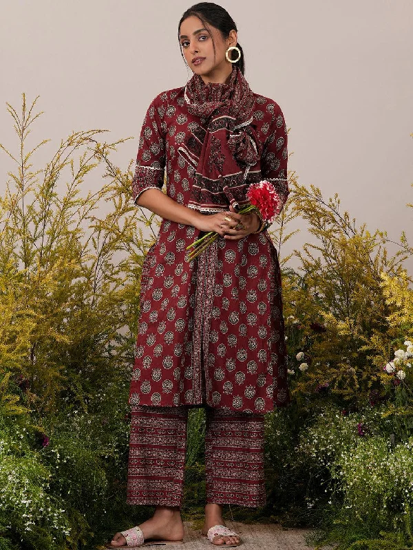 European Plan Maroon Printed Cotton Straight Suit With Dupatta